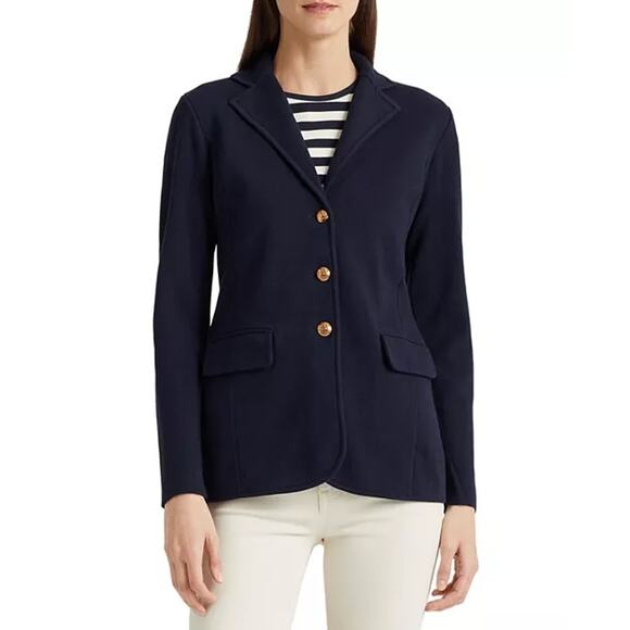 New LAUREN RALPH LAUREN Navy Sweater-Knit Cotton-Blend Blazer Petite Small - Picture 7 of 13